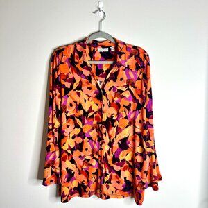 Susan Graver Fall Colorful Florals Liquid Knit Button-Front Bell-Sleeve Tunic L